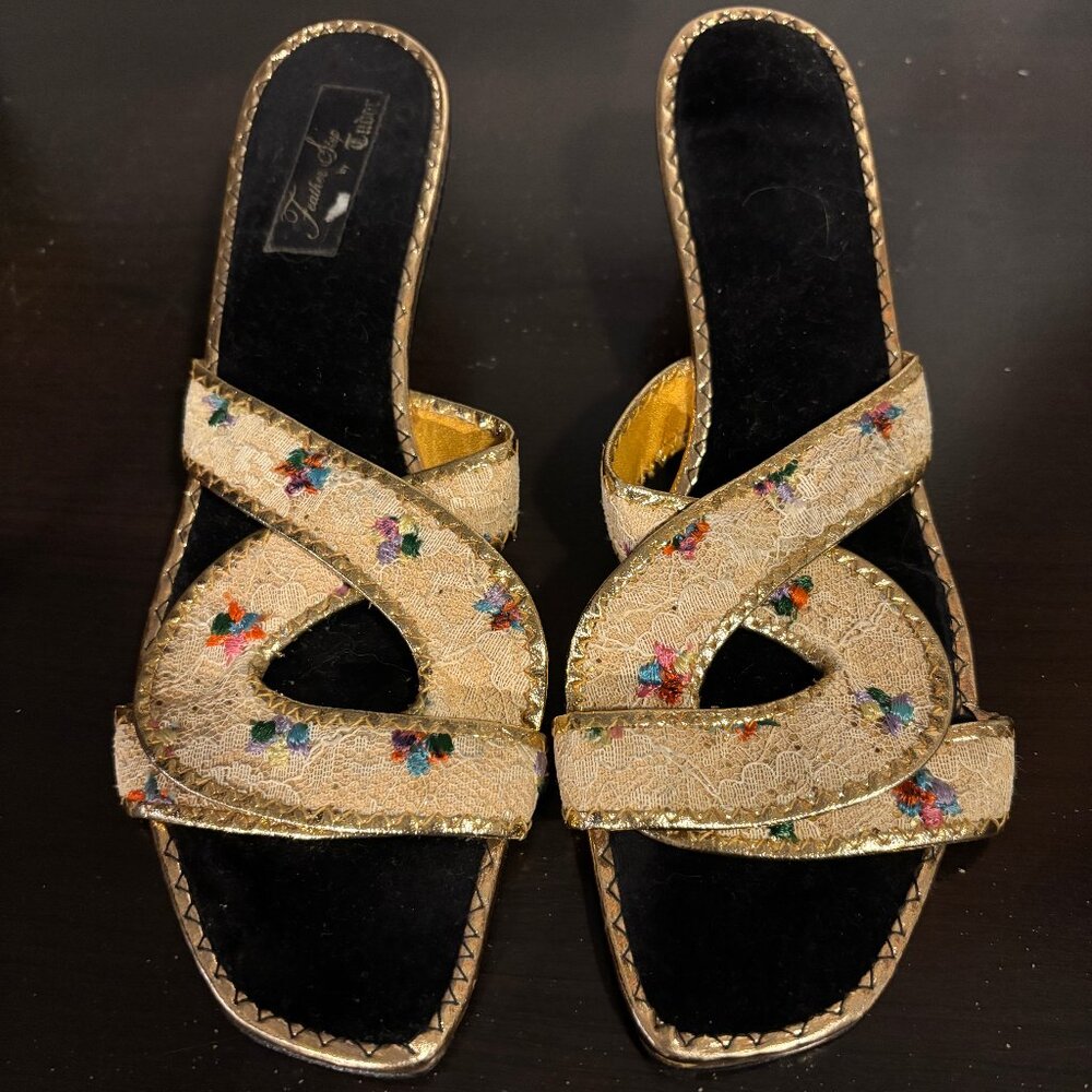Vintage 1960s mule heels gold with lace and floral detail